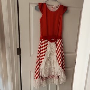 Red and White Striped Dress with Lace Accents